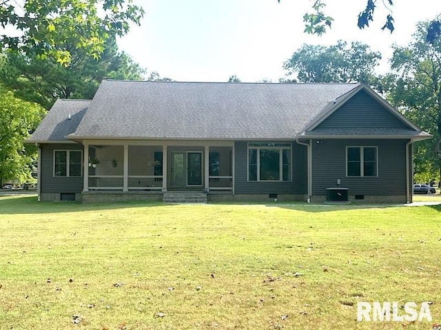 view of front of house with crawl space, central air condition unit, a shingled roof, and a front lawn