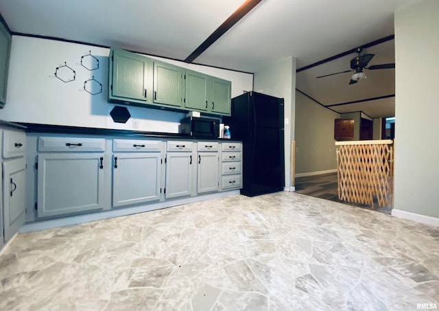 kitchen with black appliances, green cabinets, and ceiling fan