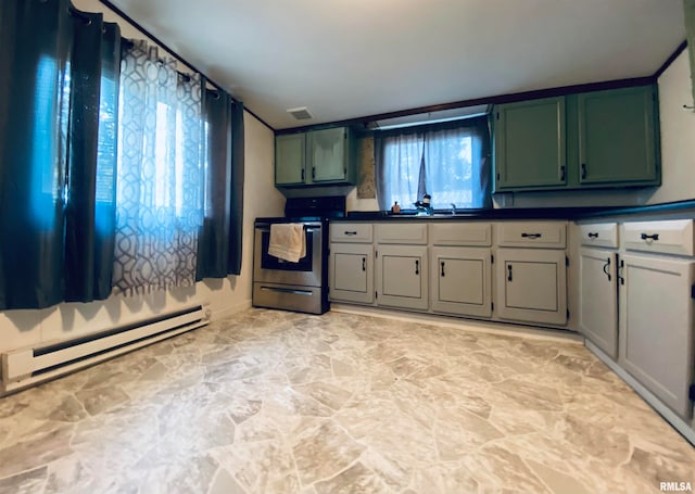 kitchen with a baseboard heating unit, stainless steel range with electric stovetop, green cabinets, and sink