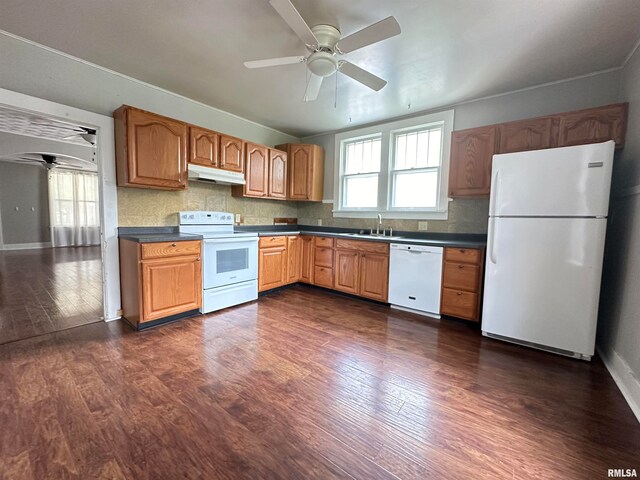 kitchen featuring ceiling fan, sink, tasteful backsplash, dark hardwood / wood-style floors, and white appliances