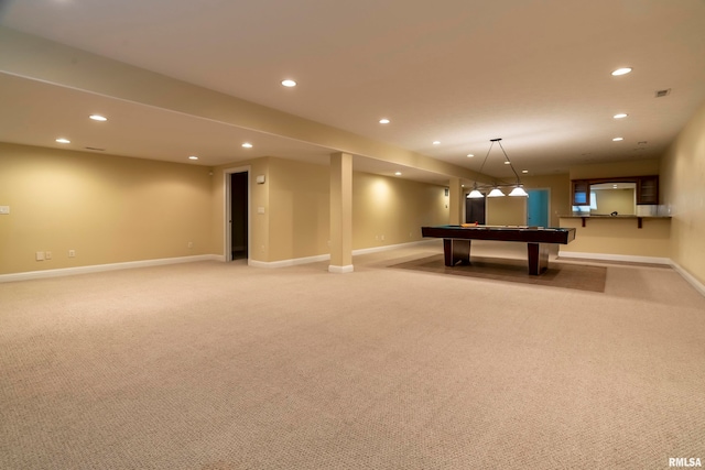 playroom featuring light carpet and billiards