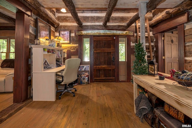 office with beamed ceiling and hardwood / wood-style floors