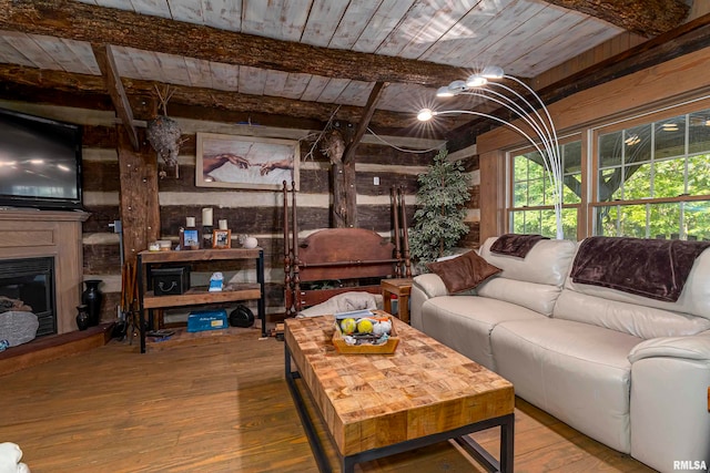 living room featuring wooden ceiling, wood-type flooring, and beam ceiling