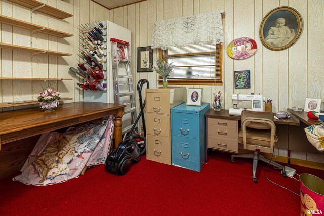 office featuring wood walls and carpet flooring