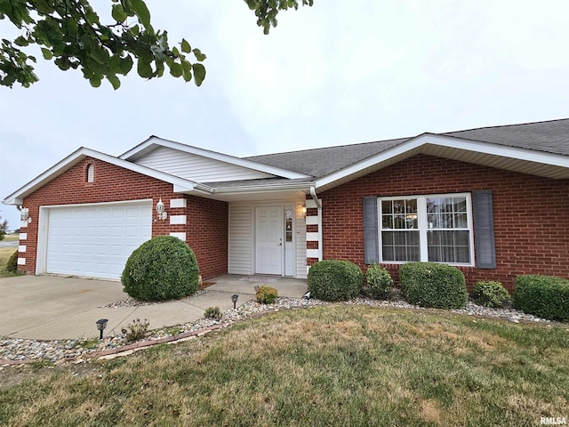 ranch-style home with a front yard and a garage