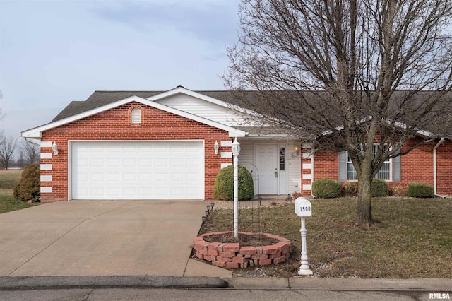 single story home with a garage, a front lawn, concrete driveway, and brick siding