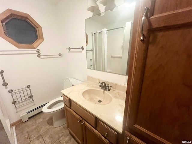 bathroom with a baseboard radiator, toilet, walk in shower, and vanity