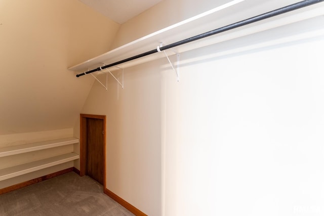 spacious closet with lofted ceiling and carpet