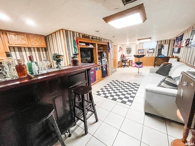 tiled living room with indoor bar