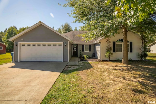 single story home with a front yard and a garage