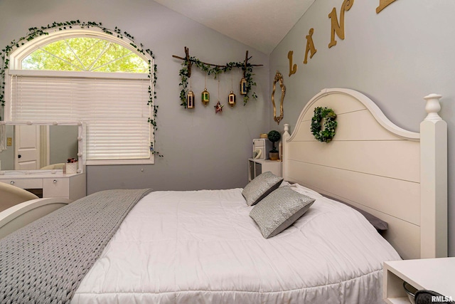 bedroom featuring lofted ceiling