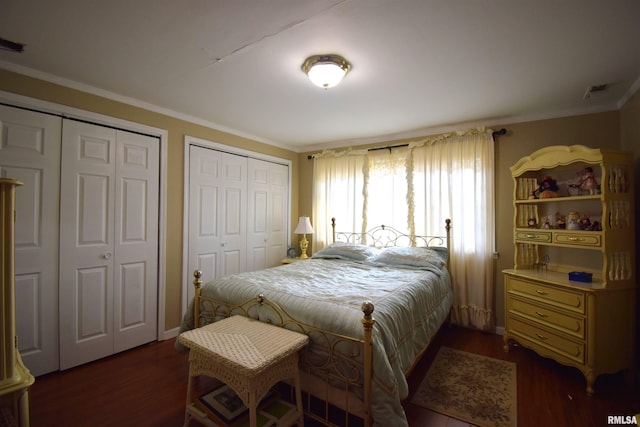 bedroom with ornamental molding, dark hardwood / wood-style floors, and multiple closets