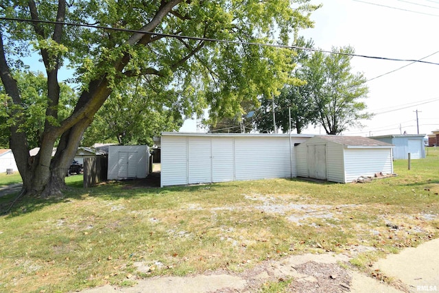 exterior space with a shed