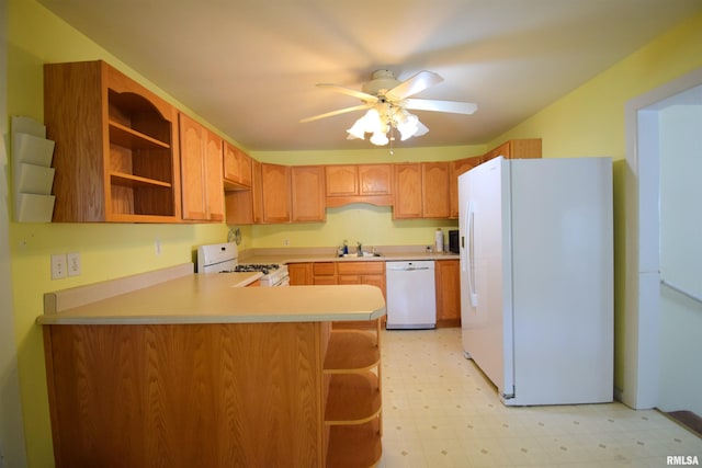 kitchen featuring white appliances, sink, ceiling fan, and kitchen peninsula