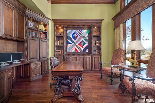 office with dark wood-type flooring and ornamental molding