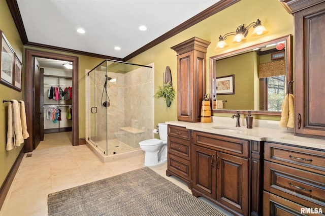 bathroom featuring tile patterned floors, walk in shower, vanity, and toilet