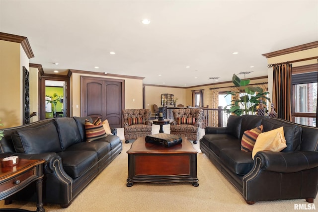 living room with ornamental molding and light colored carpet