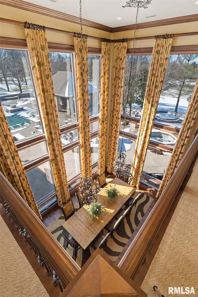 foyer with ornamental molding, carpet, and a wealth of natural light