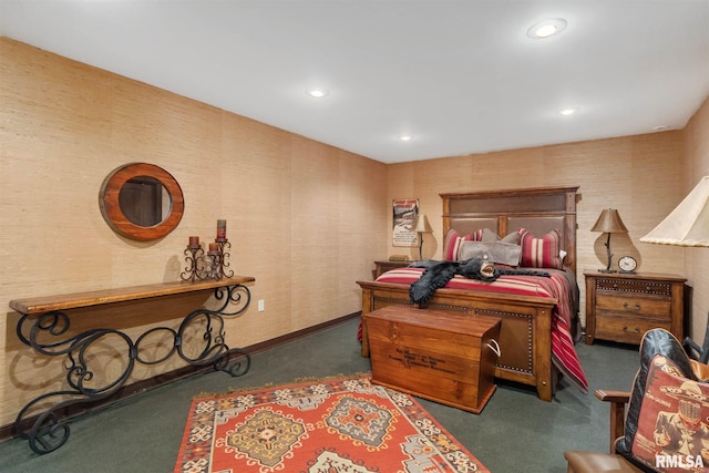 bedroom with dark carpet