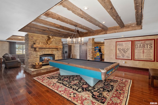 game room featuring beamed ceiling, billiards, a fireplace, and dark hardwood / wood-style floors