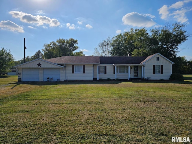 single story home featuring a front yard and a garage