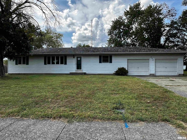 single story home featuring a front yard and a garage