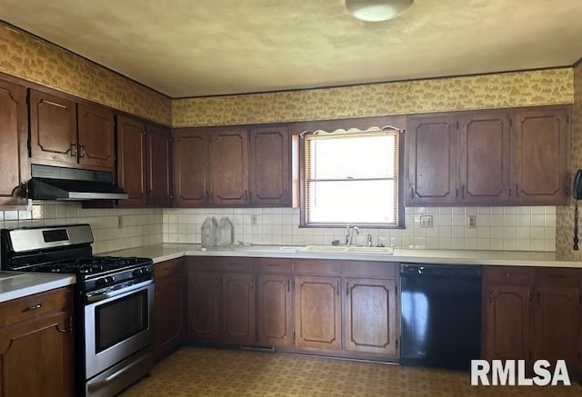 kitchen with decorative backsplash, dishwasher, stainless steel range with gas stovetop, and sink