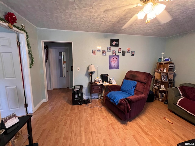 living room with light hardwood / wood-style floors and ceiling fan