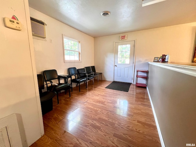 living area featuring wood-type flooring, plenty of natural light, and a wall mounted AC