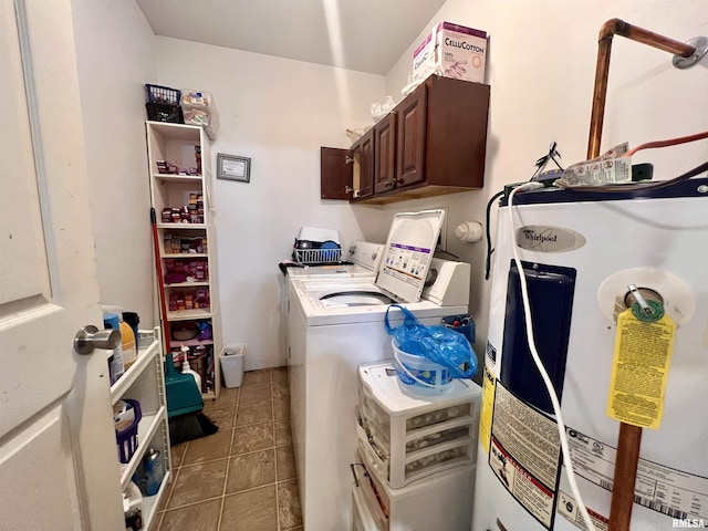 1106 N 11th St, Murphysboro, IL 62966 - clothes washing area featuring water heater, tile patterned floors, washer and dryer, and cabinet space