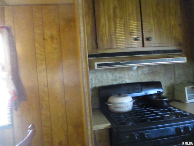 room details featuring black gas stove and ventilation hood