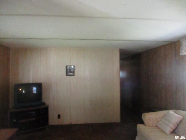 living room featuring wooden walls