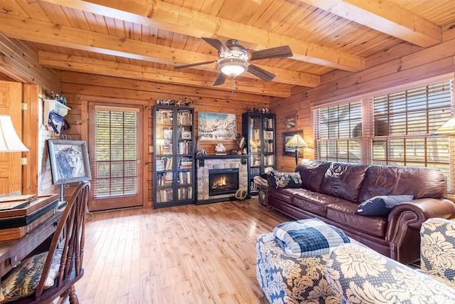 living area with wooden walls, a fireplace, wooden ceiling, and wood finished floors