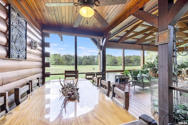 sunroom / solarium with a ceiling fan and wood ceiling