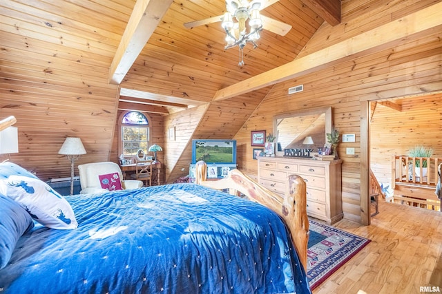 bedroom with wood walls, vaulted ceiling with beams, and wood finished floors