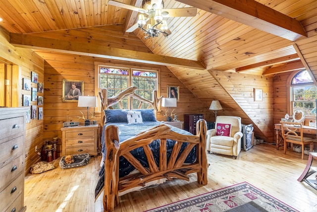 bedroom featuring hardwood / wood-style floors, multiple windows, wood walls, and vaulted ceiling with beams