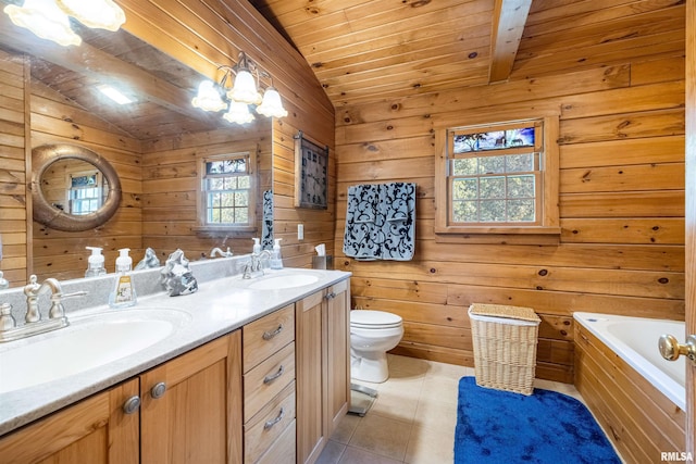 bathroom featuring vaulted ceiling, wood ceiling, and a sink