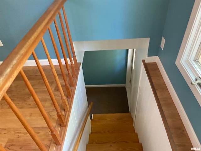 staircase with hardwood / wood-style floors