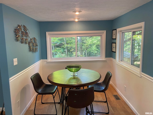 dining room featuring a wealth of natural light, wood-type flooring, and a textured ceiling