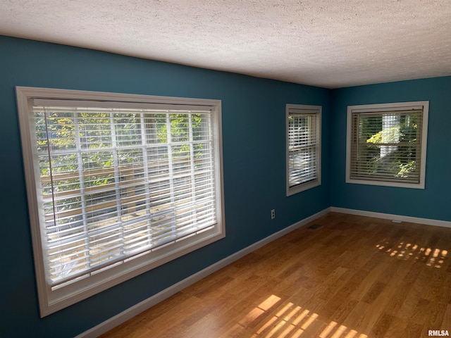 spare room with a textured ceiling, hardwood / wood-style floors, and a wealth of natural light