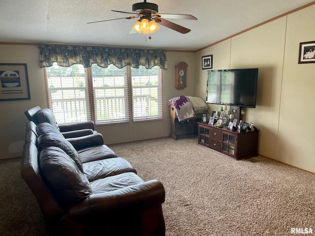 carpeted living room featuring a textured ceiling, crown molding, and ceiling fan