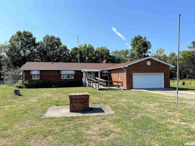 ranch-style house featuring concrete driveway, an attached garage, a front yard, brick siding, and fence