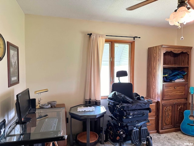 office space with a textured ceiling, ceiling fan, and light colored carpet