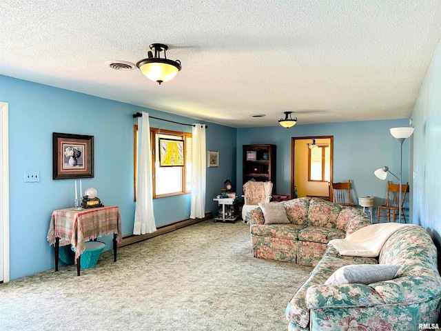 living room with a textured ceiling and carpet flooring