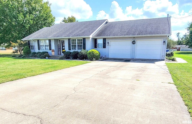 ranch-style home with a garage and a front yard