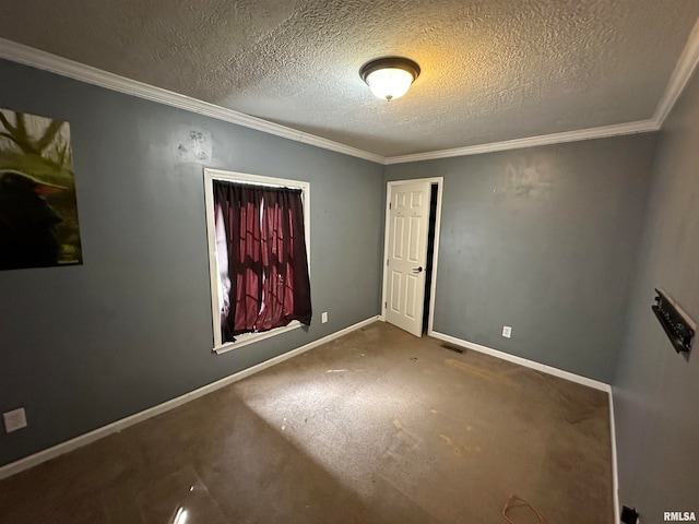 unfurnished bedroom with a textured ceiling, crown molding, carpet flooring, and a closet