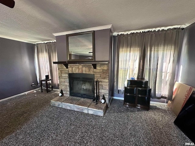 carpeted living room featuring a textured ceiling, crown molding, and a stone fireplace