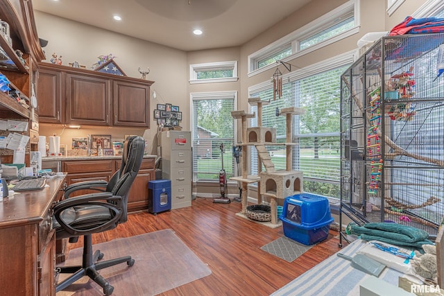 office featuring a towering ceiling and hardwood / wood-style floors