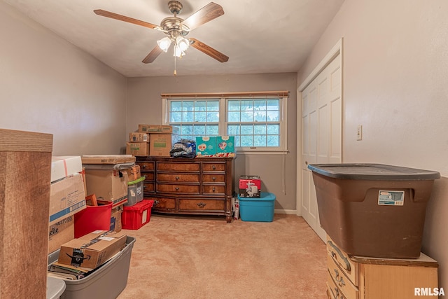 storage room featuring ceiling fan