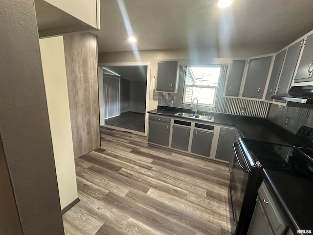 kitchen featuring gray cabinetry, stainless steel electric range, extractor fan, and sink